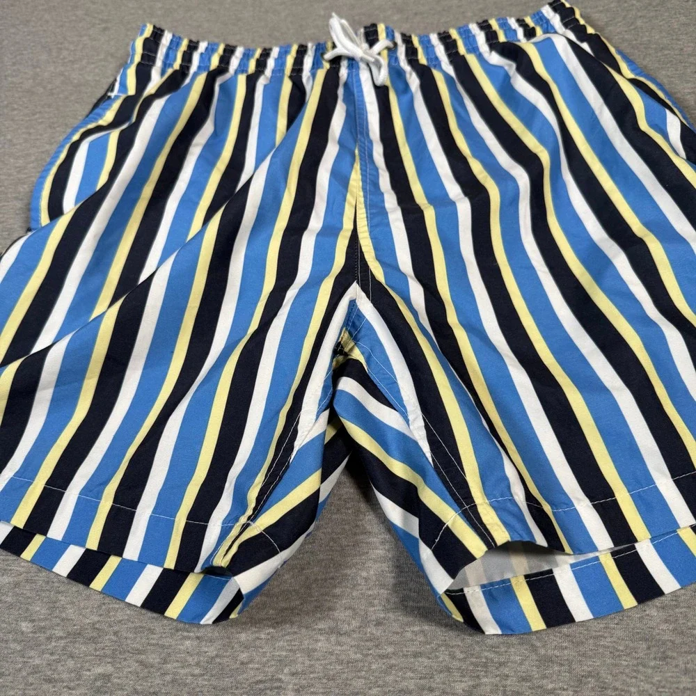 Trunks Surf & Swim Co Mens L Blue Yellow Striped Mesh Lined Swim Trunks